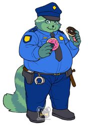  5_fingers absurd_res anthro baton belt chewing claws clothed clothing cuff_(restraint) dessert digital_media_(artwork) doughnut eating fingers food fred_(fredrick_brennan) fur green_body green_fur gun handcuffs handgun hi_res holster looking_at_viewer maaudaan_tg male mammal metal_cuffs necktie overweight overweight_anthro overweight_male pastry pistol police police_badge police_hat police_officer police_officer_eating_donut police_uniform procyonid raccoon ranged_weapon restraints solo standing uniform watermark weapon 