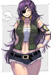  armored_core armored_core_6 bandaged_wrist bandages breasts cinder_carla cleavage denim denim_shorts elbow_pads english_text eyepatch female long_hair looking_at_viewer orange_eyes purple_hair sarashi shimure_(460) shorts single_elbow_pad sleeveless sleeveless_jacket solo_focus speech_bubble 