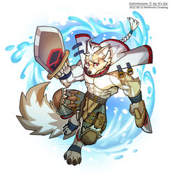  abs anthro bandage bottomwear braided_hair braided_ponytail canid canine canis claws clothed clothing coat cygames dagger fur fur_markings grey_body grey_fur hair hi_res klaus_(world_flipper) male mammal markings melee_weapon muscular muscular_anthro muscular_male open_clothing open_coat open_topwear pants ponytail red_eyes solo topwear water weapon white_body white_fur white_hair wolf wolfmalro world_flipper wristband 