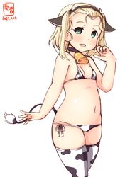  2021 alternate_costume animal_ears animal_print artist_logo bell bikini blonde_hair commentary_request cow_ears cow_horns cow_print cow_tail cowbell cowboy_shot dated fake_animal_ears fake_horns female flat_chest green_eyes hairband highres horns kanon_(kurogane_knights) kantai_collection lowleg lowleg_bikini luigi_torelli_(kancolle) short_hair side-tie_bikini_bottom simple_background solo standing swimsuit tail thighhighs white_background white_bikini white_thighhighs 