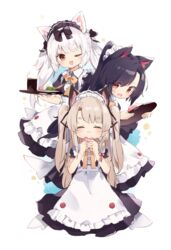  3girls ;d alternate_costume animal_ear_fluff animal_ears apron azur_lane black_dress black_hair bow brown_bow brown_hair cat_ears closed_eyes closed_mouth collared_dress commentary_request cup dango dress eating enmaided food frilled_apron frilled_dress frills fujii_shino hair_between_eyes hands_up highres holding holding_food holding_tray long_hair maid maid_headdress multiple_girls one_eye_closed open_mouth puffy_short_sleeves puffy_sleeves red_eyes sanshoku_dango shigure_(azur_lane) short_eyebrows short_sleeves smile thick_eyebrows tray two_side_up very_long_hair wagashi wavy_mouth white_apron white_hair wolf_ears yukikaze_(azur_lane) yunomi yuudachi_(azur_lane) 