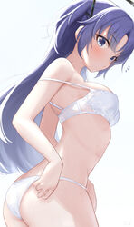  :o absurdres ass blue_archive blue_background blue_eyes blue_hair blush bra breasts closed_mouth commentary dot_nose female from_below from_side hair_between_eyes halo hand_on_own_hip highres kijibato_123-gou long_hair looking_at_viewer medium_breasts panties parted_bangs simple_background solo sweat two_side_up underwear underwear_only white_background white_bra white_panties yuuka_(blue_archive) 