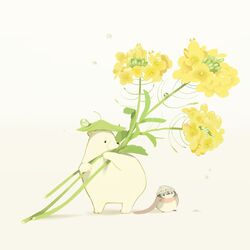  animal_focus artist_name bear bird chai_(drawingchisanne) dew_drop flower holding holding_flower leaf leaf_on_head no_humans original penguin pink_scarf rapeseed_blossoms scarf shirokuma-san_(drawingchisanne) simple_background water_drop white_background 