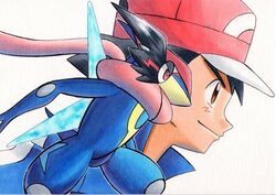  1boy ash-greninja bad_id bad_twitter_id baseball_cap black_hair blue_jacket brown_eyes closed_mouth commentary_request from_side greninja hat highres jacket male_focus oka_mochi pokemon pokemon_(anime) pokemon_xy_(anime) red_headwear satoshi_(pokemon) short_hair smile traditional_media upper_body white_background 