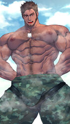  1boy abs arm_behind_back bara beard biceps blue_sky brown_hair bulge camouflage camouflage_pants cloud cloudy_sky dog_tags facial_hair feet_out_of_frame firenzesaika hairy highres jewelry large_pectorals male_focus manboobs mature_male military muscular muscular_male navel necklace nipples oerba_yun_fang open_mouth original outdoors pants pectorals pubic_hair short_hair sky solo spiked_hair steam steaming_body tan teeth thick_arms thick_eyebrows thick_thighs thighs tongue topless_male 