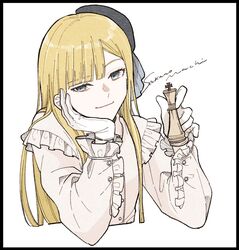  artist_name black_border black_hat blonde_hair blue_eyes blunt_bangs blush border chess_piece closed_mouth cropped_torso dress_shirt fate_(series) female frilled_shirt frilled_sleeves frills gloves grey_shirt hand_up hands_up hat head_tilt highres holding king_(chess) long_hair long_sleeves looking_at_viewer lord_el-melloi_ii_case_files reines_el-melloi_archisorte sakanomachico shirt smile solo upper_body white_background 