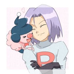  1boy closed_eyes closed_mouth crossed_arms james_(pokemon) male_focus mime_jr. pokemon pokemon_(anime) pokemon_(creature) purple_hair smile taruto0 team_rocket team_rocket_uniform 