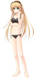  alpha_(yukai_na_nakamatachi) arisa_crain_femiluna barefoot black_bra black_panties black_ribbon blonde_hair blush bra collarbone earrings female full_body game_cg grey_eyes groin hair_between_eyes hair_ribbon high_ponytail highres jewelry long_hair navel open_mouth panties ribbon side-tie_panties solo standing tachi-e transparent_background underwear underwear_only very_long_hair w.l.o_sekai_ren&#039;ai_kikou 