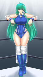  absurdres aqua_eyes artist_name blue_footwear blue_one-piece_swimsuit blush boots breasts closed_mouth commission competition_swimsuit female full_body green_hair highres knee_boots kochiya_sanae large_breasts long_hair looking_at_viewer necktie one-piece_swimsuit pixiv_commission shetake signature smile solo sweat swimsuit touhou touhou_tag_dream wide_hips wrestling_outfit wrestling_ring yellow_necktie 