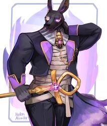  2023 ankh anthro anubian_jackal bandage black_body black_fur butler canid canine canis dislyte dress_pants drew_(dislyte) fur glowing glowing_eyes hand_on_head hi_res jackal lilith_games male mammal melon_airaiku purple_eyes raised_arm solo staff wrapping 