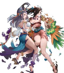  2girls bare_shoulders barefoot breasts broken_necklace brown_hair cleavage detached_sleeves ekao feathers feet fire_emblem fire_emblem_fates fire_emblem_heroes geta hair_over_one_eye hand_fan highres holding holding_fan japanese_clothes jewelry kagero_(fire_emblem) kagero_(winds_offered)_(fire_emblem) kimono large_breasts leg_up legs long_hair midriff multiple_girls necklace non-web_source obi official_art open_mouth orochi_(fire_emblem) orochi_(winds_offered)_(fire_emblem) parted_lips ponytail purple_eyes purple_hair red_eyes sandals sash short_kimono side_slit skirt soles sweat sweatdrop thighs toeless_footwear toenails toes torn_clothes torn_footwear torn_sleeves transparent_background wide_sleeves 