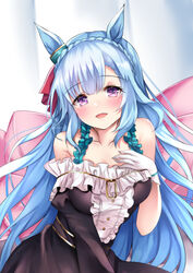  absurdres animal_ears bare_shoulders black_dress blue_hair blush braid breasts center_frills collarbone commentary_request crown_braid dress female frills gloves hand_up highres horse_ears horse_girl juliet_sleeves long_hair long_sleeves medium_breasts mejiro_ardan_(umamusume) off-shoulder_dress off_shoulder pillow puffy_sleeves purple_eyes setu_(shining12) single_sleeve solo umamusume very_long_hair white_gloves 