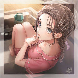  bare_legs barefoot black_eyes border braid breasts brown_hair collarbone controller cup dated female finger_to_mouth forehead from_behind fumi_(butakotai) glass_table grey_border hair_ornament hairclip indoors knees_up leaning_back long_hair looking_at_viewer looking_back loungewear medium_breasts on_floor original parted_lips remote_control short_sleeves signature sitting solo table twin_braids x_hair_ornament 