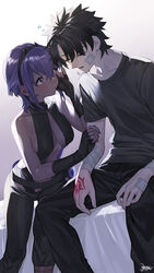  1boy absurdres bandaged_arm bandages bare_shoulders black_gloves black_hair black_hairband black_leotard black_pants black_shirt blush breasts center_opening closed_eyes command_spell dark-skinned_female dark_skin fate/grand_order fate_(series) female fingerless_gloves fujimaru_ritsuka_(male) gloves hairband hassan_of_serenity_(fate) highres leggings leotard medium_breasts nao_(syn_eaa) navel pants purple_eyes purple_hair shirt short_hair short_sleeves sidelocks sitting very_dark_skin 