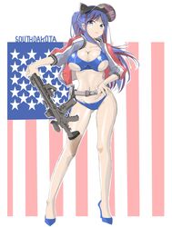  absurdres american_flag ar-15 artist_name assault_rifle bikini blue_bikini blue_footwear blue_hair breasts character_name female full_body gun high_heels highres holding holding_gun holding_weapon kantai_collection multicolored_hair official_alternate_costume rifle simple_background solo south_dakota_(kancolle) south_dakota_(swimsuit_mode)_(kancolle) swimsuit tada_(tactical_tada) visor_cap weapon white_background 