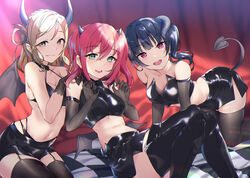  3girls all_fours bare_shoulders blonde_hair blue_hair breasts closed_mouth commentary_request demon_girl detached_sleeves elbow_gloves garter_straps gloves highres horns kurosawa_ruby large_breasts latex looking_at_viewer love_live! love_live!_sunshine!! medium_breasts multiple_girls ohara_mari open_mouth red_hair short_shorts shorts small_breasts tail thighhighs tsushima_yoshiko wings yamaori_(yamaorimon) 