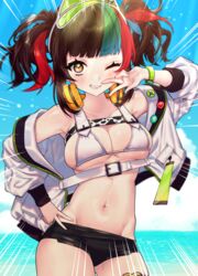  bad_id bad_pixiv_id bare_shoulders beach bikini black_hair black_shorts blue_hair blue_sky blush breasts cleavage day fate/grand_order fate_(series) female green_hat grin hat headphones headphones_around_neck jacket large_breasts long_hair looking_at_viewer multicolored_hair navel off_shoulder one_eye_closed open_clothes open_jacket red_hair sei_shounagon_(fate) sei_shounagon_(swimsuit_berserker)_(fate) short_shorts shorts sidelocks sky smile solo swimsuit thighs twintails uhhgaoh visor_cap white_bikini white_jacket yellow_eyes 