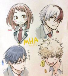  3boys anger_vein bakugou_katsuki blonde_hair blue_hair blush_stickers boku_no_hero_academia brown_background brown_eyes brown_hair buthikireta closed_mouth commentary_request copyright_name female glasses gradient_background grey_hair grey_jacket iida_tenya jacket multicolored_hair multiple_boys necktie oerba_yun_fang portrait red_hair red_necktie school_uniform short_hair smile split-color_hair todoroki_shouto u.a._school_uniform uraraka_ochako 