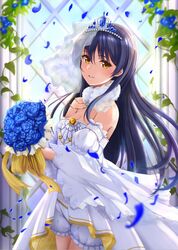  blue_flower blue_hair blush bouquet bridal_veil ca_ba_ya_ki commentary_request cowboy_shot detached_sleeves dress female flower frills hair_between_eyes holding holding_bouquet long_hair looking_at_viewer love_live! love_live!_school_idol_festival love_live!_school_idol_project smile solo sonoda_umi standing strapless strapless_dress swept_bangs tiara veil wedding_dress white_dress yellow_eyes 