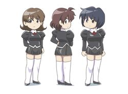  3girls agent_aika aika_(series) ascot black_delmo black_delmo_a black_footwear black_jacket black_skirt blue_hair brown_hair chibi delmogeny_uniform full_body hand_on_own_hip high_heels highres jacket juliet_sleeves kuroyoshi lineup long_sleeves medium_hair multiple_girls navel panties pleated_skirt puffy_sleeves red_ascot sae_(agent_aika) short_hair skirt standing thighhighs underwear uniform white_legwear yuki_(agent_aika) 