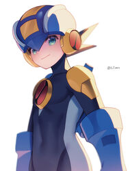  1boy absurdres blue_bodysuit blue_helmet blurry bodysuit brown_hair closed_mouth commentary covered_navel cowboy_shot depth_of_field green_eyes helmet highres looking_at_viewer male_focus mega_man_(series) mega_man_battle_network_(series) megaman.exe netnavi short_hair simple_background smile solo spiked_hair standing twitter_username white_background zero-go 