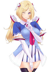  aki_rosenthal aki_rosenthal_(1st_costume) bad_id bad_twitter_id blonde_hair blue_eyes blue_jacket bob_cut breasts collared_dress collared_shirt detached_hair detached_sleeves dress elbow_gloves female finger_to_mouth gloves hayama_kazusa headgear highres hololive jacket legs_together looking_at_viewer low_twintails necktie one_eye_closed overskirt parted_bangs pleated_dress red_necktie shirt short_dress short_hair short_sleeves shrug_(clothing) shushing side-seamed_gloves skirt solo thighhighs thighs twintails virtual_youtuber white_dress white_gloves white_skirt zettai_ryouiki 