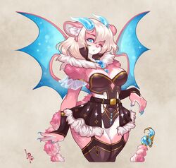  alternative_fashion anthro blonde_hair blue_eyes breasts cleavage clothed clothing digital_drawing_(artwork) digital_media_(artwork) felid female fur hair hi_res horn iranian_mythology j-fashion kemono luckypan mammal manticore membrane_(anatomy) membranous_wings middle_eastern_mythology mythology one_eye_closed pink_body pink_fur shaded solo tail unusual_anatomy unusual_tail wings 