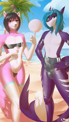  absurd_res anthro ball beach canid canine clothing duo fish fox gris_swimsuit hi_res kal_(world3nder) legwear looking_at_viewer male mammal marine meme meme_clothing navel norii okata one-piece_swimsuit palm_tree plant sea seaside shark stockings swimwear translucent translucent_clothing translucent_swimwear tree volleyball_(ball) water 