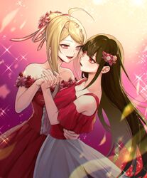  2girls :d ahoge akamatsu_kaede alternate_hairstyle arm_around_waist bad_id bad_twitter_id bare_shoulders bishie_sparkle blonde_hair blunt_bangs breasts brown_hair center_frills collarbone dancing danganronpa_(series) danganronpa_10th_anniversary_costume danganronpa_v3:_killing_harmony dress dress_flower flower frills gradient_background hair_flower hair_ornament hairclip harukawa_maki highres holding_hands interlocked_fingers long_hair looking_at_another medium_breasts mole mole_under_eye multiple_girls musical_note musical_note_hair_ornament nanin official_alternate_costume open_mouth pink_flower pink_ribbon red_dress red_eyes red_flower red_shirt ribbon shirt short_hair smile sparkle sparkle_background yuri 