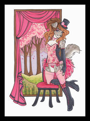  abigale_rose anthro australian_shepherd black_border blue_eyes border breasts burlesque canid canine canis cherry_blossom clothed clothing corset detailed_background domestic_dog female flower hair herding_dog legwear lingerie luthien_nightwolf mammal pastoral_dog plant prunus_(flower) sheepdog solo stockings topwear traditional_media_(artwork) 