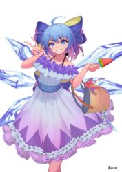  :d ahoge alternate_costume arm_up bare_shoulders basket blue_bow blue_eyes blue_hair blue_nails bow bra_strap cirno collarbone commission detached_wings dress feet_out_of_frame female fingernails flower flower_trim food frilled_dress frills grin hairbow highres holding holding_food ice ice_wings large_bow long_fingernails multicolored_hair nail_polish off-shoulder_dress off_shoulder open_mouth popsicle purple_bow purple_dress purple_flower purple_hair recare red_ribbon ribbon short_hair simple_background smile solo standing teeth touhou two-tone_hair v watermelon_bar white_background wings 