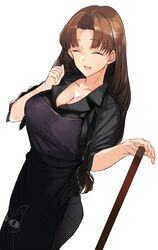  apron ashita_(2010) black_shirt breasts broom brown_hair cleavage closed_eyes collarbone collared_shirt dress_shirt fate/hollow_ataraxia fate_(series) female grey_pants highres hotaruzuka_otoko large_breasts long_hair oerba_yun_fang open_mouth pants parted_bangs ponytail shirt simple_background sleeves_rolled_up smile solo white_background 