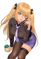  absurdres alternate_costume barcode black_ribbon black_skirt black_thighhighs bottle breasts collared_shirt colored_eyelashes commentary dress_shirt drink drinking_straw eyepatch eyepatch_pull feet_out_of_frame female fischl_(genshin_impact) from_above genshin_impact green_eyes hair_between_eyes hair_ribbon hand_up highres holding hongcasso large_breasts long_hair long_sleeves looking_at_viewer necktie parted_lips pleated_skirt ribbon shirt shirt_tucked_in simple_background single_leg_pantyhose single_thighhigh sitting skirt solo teeth thighhighs two_side_up white_background 