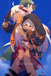  1boy 2girls achilles_(fate) achilles_(fearless_diver)_(fate) ahoge animal_hood back-to-back bikini black_gloves black_jacket blue_sky blush breasts commentary_request cropped_jacket dark-skinned_female dark_skin day echo_(circa) english_text fate/grand_order fate_(series) gloves goggles goggles_on_head green_hair hair_between_eyes hair_ornament hand_on_own_face holding holding_person hood hood_up hoodie jacket long_hair medium_breasts multiple_girls navel oerba_yun_fang okita_souji_(fate) okita_souji_alter_(swimsuit_saber)_(fate) okita_souji_alter_(swimsuit_saber)_(first_ascension)_(fate) open_mouth orange_eyes orange_scarf outdoors parted_lips pointy_hair rengoku_(fate) rengoku_(first_ascension)_(fate) scarf short_hair shrug_(clothing) sidelocks size_difference sky smile straight_hair sweatdrop swimsuit tassel teeth twitter_username undercut very_long_hair white_bikini yellow_eyes 