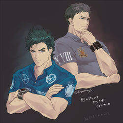  1boy black_eyes black_hair blue_shirt bracelet crossed_arms grey_background grey_shirt hand_up jewelry kamiya_(machisin0) kyokugen_dasshutsu kyokugen_dasshutsu_adv:_zennin_shibou_desu male_focus messy_hair multiple_views shirt short_sleeves sigma_(kyokugen_dasshutsu) thinking 