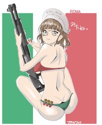  absurdres artist_name ass benelli_m4 border brown_hair bullet character_name crossed_legs female from_behind gun headgear highres holding holding_bullet holding_gun holding_weapon italian_flag italian_flag_bikini kantai_collection looking_at_viewer roma_(kancolle) shotgun shotgun_shell sitting solo tada_(tactical_tada) translation_request weapon white_border 