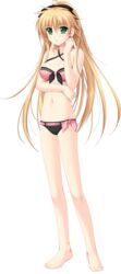  alpha_(yukai_na_nakamatachi) arisa_crain_femiluna barefoot bikini black_bikini black_bow black_ribbon blonde_hair bow breasts cleavage collarbone criss-cross_halter earrings female floating_hair full_body game_cg green_eyes groin hair_between_eyes hair_ribbon halterneck high_ponytail highres jewelry long_hair medium_breasts navel open_mouth pink_bikini pink_bow ribbon solo standing swimsuit tachi-e transparent_background two-tone_bikini very_long_hair w.l.o_sekai_ren&#039;ai_kikou 