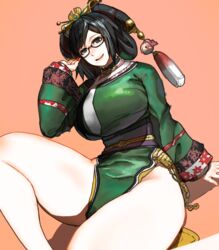  :d black_eyes black_hair breasts chinese_clothes female glasses hair_ornament hanfu large_breasts long_sleeves looking_at_viewer mole mole_under_mouth orange_background pelvic_curtain samurai_spirits shadow smile solo tetuhei thighs wu-ruixiang 