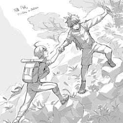  2boys ahoge alternate_costume amami_rantaro antenna_hair backpack bad_id bad_twitter_id bag branch commentary_request danganronpa_(series) danganronpa_v3:_killing_harmony grass greyscale hand_grab heart highres holding_strap looking_at_another male_focus map messy_hair monochrome mountain multiple_boys nanin open_mouth outdoors pants profile saihara_shuichi shoes short_hair shorts translation_request tree walking 