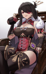  :d absurdres bare_shoulders beidou_(genshin_impact) black_hair breasts brown_eyes commentary_request corrupted_metadata eternity_(shadeh) eyepatch female genshin_impact gradient_background grey_background hair_ornament hair_stick hand_up highres holding large_breasts long_hair looking_at_viewer open_mouth sitting sleeveless smile solo thighs white_background 