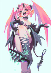  aqua_background bare_shoulders black_choker black_footwear black_gloves black_horns black_tail black_wings blush choker collarbone demon_girl demon_tail demon_wings dripping elbow_gloves female gloves hair_wings high_heels highres horns jonpei leg_up long_hair low_wings oerba_yun_fang open_mouth original pink_hair red_eyes simple_background skin_fang slime_(substance) smile solo spikes tail tongue wings 