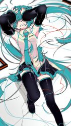  aqua_eyes aqua_hair aqua_necktie armpits arms_up bad_id bad_twitter_id bare_shoulders biting_own_lip black_skirt black_sleeves black_thighhighs boots clenched_teeth commentary covering_own_eyes crack cracked_floor crying despair detached_sleeves female grey_shirt hair_ornament hands_on_own_face hatsune_miku headset heartbreak_haircut knee_up long_hair lying machigami_yoh miniskirt necktie on_back pleated_skirt severed_hair shirt skirt sleeveless sleeveless_shirt solo streaming_tears tears teeth thigh_boots thighhighs twintails unworn_hair_ornament very_long_hair vocaloid zettai_ryouiki 