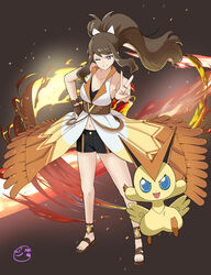  absurdres artist_logo black_shorts blue_eyes breasts cleavage collarbone commentary_request embers female fire full_body hand_on_own_hip highres hilda_(pokemon) hilda_(sygna_suit)_(pokemon) korean_commentary midriff navel neogul_kim official_alternate_costume one_eye_closed pokemon pokemon_(creature) pokemon_masters_ex ponytail sandals shorts smile v victini 