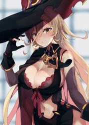  ariko_youichi black_dress black_gloves blonde_hair bra bra_peek bra_strap breasts cape cleavage closed_mouth clothing_cutout collared_dress commentary detached_sleeves dress female gloves hair_between_eyes hand_up hat highres large_breasts long_hair looking_at_viewer navel navel_cutout nijisanji nui_sociere nui_sociere_(1st_costume) oerba_yun_fang partially_fingerless_gloves sleeveless sleeveless_dress smile solo torn_clothes torn_hat underwear very_long_hair virtual_youtuber witch witch_hat yellow_eyes 