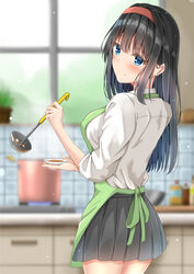  apron bad_id bad_pixiv_id black_hair black_shirt blue_eyes breasts cabinet closed_mouth commentary_request cooking female from_behind hair_intakes head_tilt highres holding holding_ladle kitchen ladle looking_back medium_breasts original plant pleated_skirt pot potted_plant red_hair school_uniform shirt skirt smile solo standing stove sunsun2812 tile_wall tiles white_shirt window 