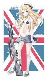  absurdres ai_arctic_warfare artist_name blonde_hair bolt_action breasts character_name female full_body green_eyes grey_footwear gun hat highres holding holding_gun holding_weapon jervis_(kancolle) kantai_collection long_hair looking_at_viewer pleated_skirt rifle skirt small_breasts sniper_rifle solo tada_(tactical_tada) union_jack weapon white_hat 