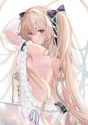  absurdres alternate_costume anchorage_(azur_lane) anchorage_(dolphins_and_swim_lessons)_(azur_lane) azur_lane back bikini breasts brown_hair collar covering_breasts covering_privates female hair_between_eyes hair_ornament highres large_breasts long_hair looking_at_viewer looking_back official_alternate_costume pout red_eyes ribbon simple_background solo sora01o string_bikini swimsuit thighhighs twintails wet white_background 