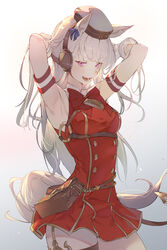  absurdres animal_ears armpits arms_up bow breasts buttons cowboy_shot double-breasted dress ear_bow female gloves gold_ship_(umamusume) grey_hair hat highres horse_ears horse_girl horse_tail long_hair medium_breasts mont_blanca open_mouth pantyhose pillbox_hat purple_bow purple_eyes red_dress sleeveless sleeveless_dress solo tail teeth thigh_strap umamusume white_gloves white_hat 