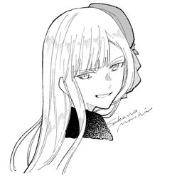  artist_name cropped_shoulders fate_(series) female fur_collar greyscale grin hat head highres long_hair looking_at_viewer looking_to_the_side lord_el-melloi_ii_case_files monochrome portrait reines_el-melloi_archisorte sakanomachico simple_background smile solo white_background 