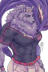  anthro bathym_(tas) canid canine canis demon fur horn lifewonders male mammal muscular muscular_anthro muscular_male one_eye_closed pecs purple_body purple_fur smile solo tokyo_afterschool_summoners wink wolf zinpatink_m 